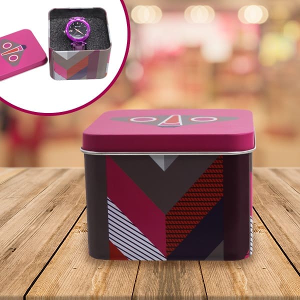 Estuche de metal morado para reloj