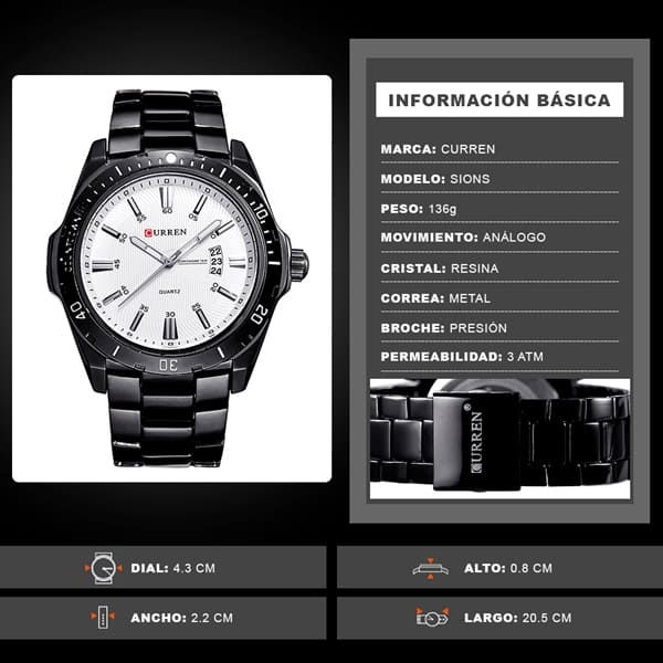Reloj curren 8110 análogo - negro blanco - Imagen 6