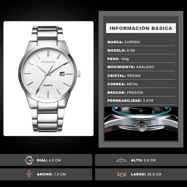 Reloj curren 8106 análogo - plateado - Imagen 6